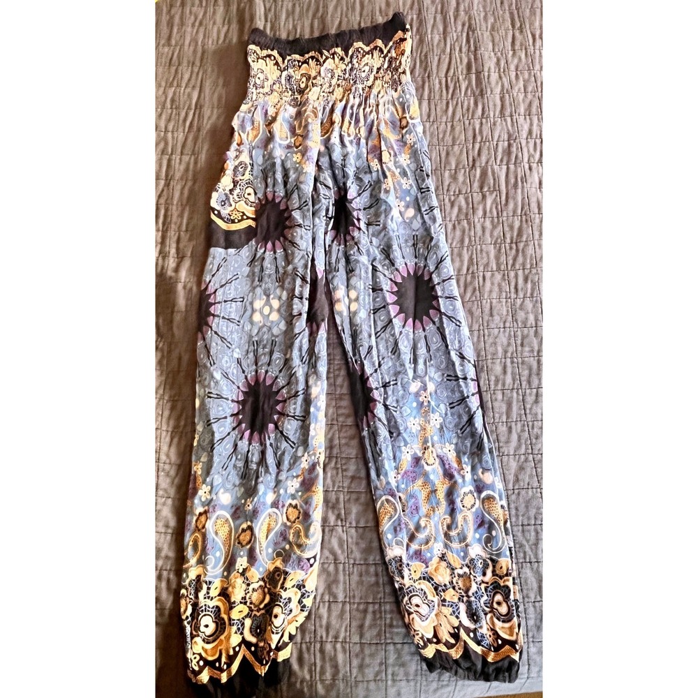 Harem Pants Blue Paisley Floral‎ Smocked Waist Boho Genie Trousers Rayon OS